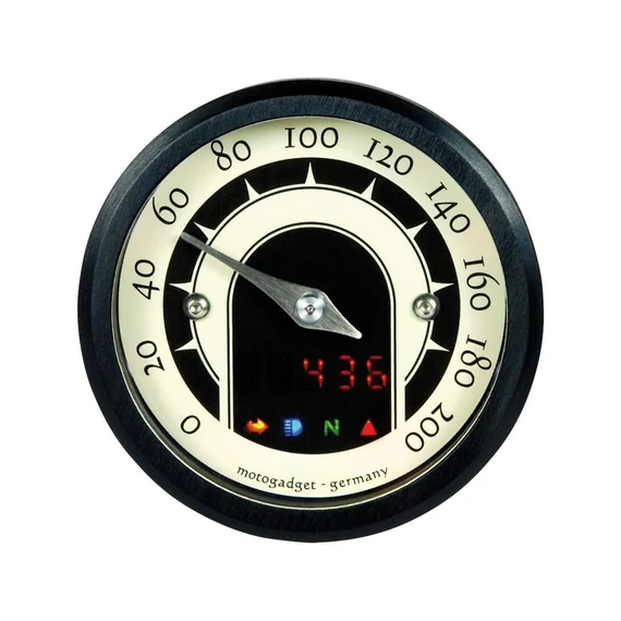 motoscope tiny speedster sebességmérő 200 mph 200 km/h fekete fehér skála fekete 49 mm