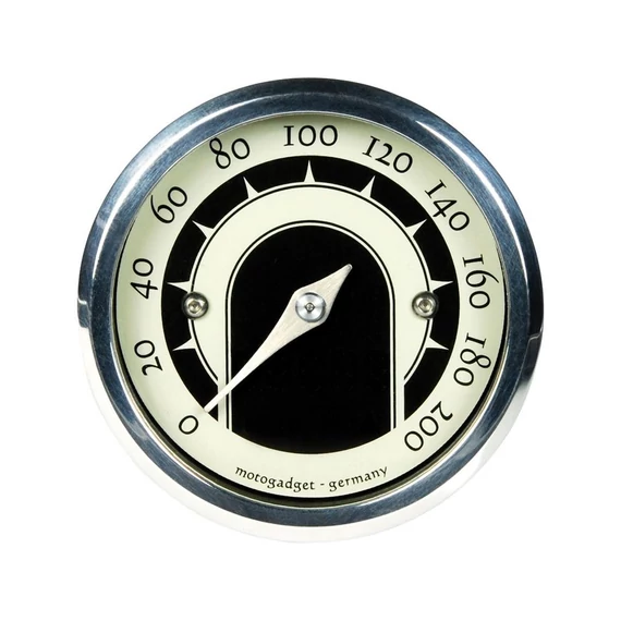 motoscope tiny speedster sebességmérő 200 mph 200 km/h fekete fehér skála polírozott alumínium 49 mm