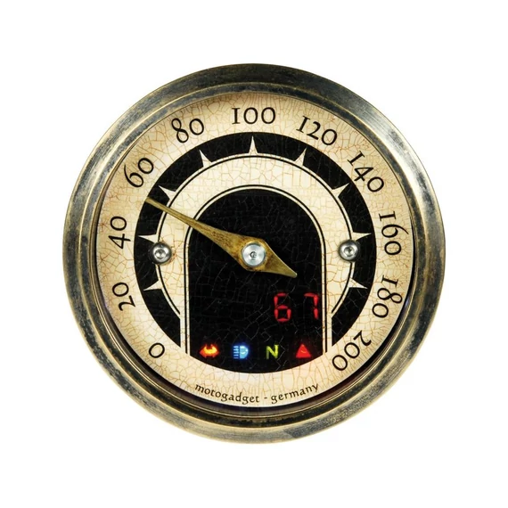 motoscope tiny vintage sebességmérő 200 mph 200 km/h fekete fehér skála réz 49 mm