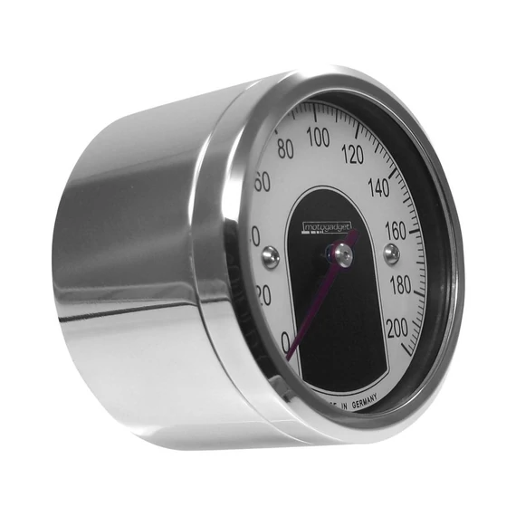 motoscope tiny sebességmérő 200 mph 200 km/h fehér skála polírozott alumínium 49 mm