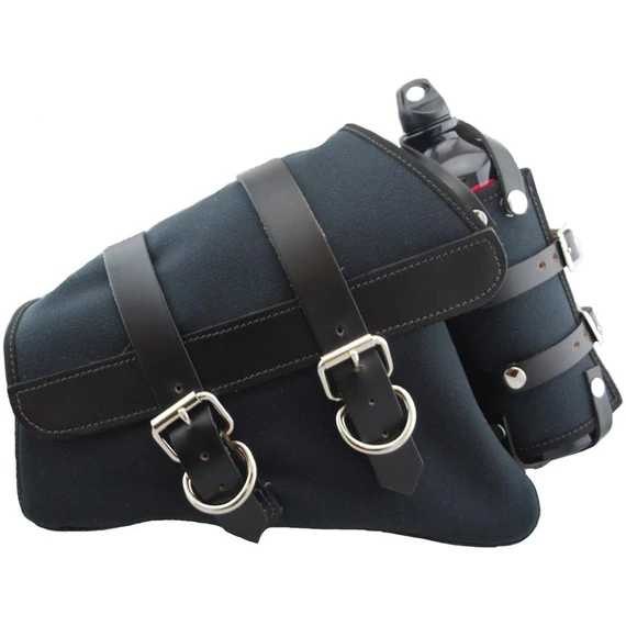 Canvas lengőkar oldaltáska palacktartóval fekete pántokkal fekete bal oldal – Sportster Evolution