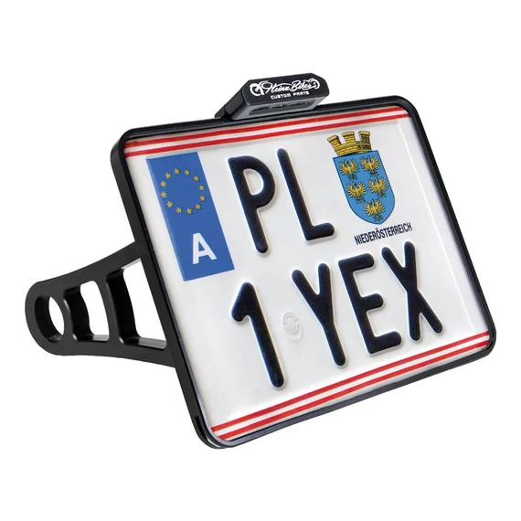 Oldalsó rendszámtábla tartó fekete eloxált 210x170 mm osztrák szabvány – Dyna, Softail – 2019–2020